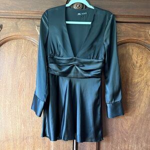 Zara Black Satin V-Neck Empire-Waist Dress